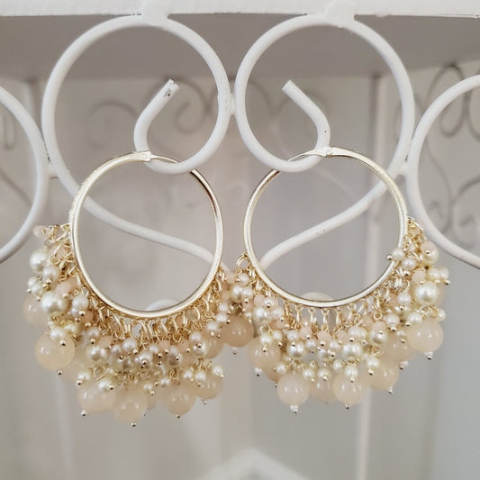 Peach Beaded with Pearls Gold Metal Hoops Earrings