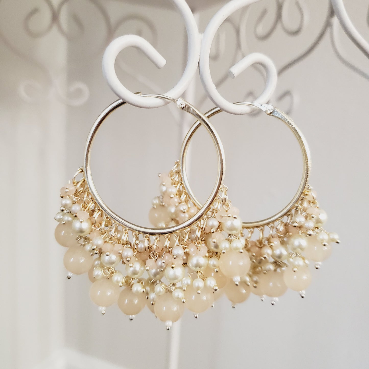 Peach Beaded with Pearls Gold Metal Hoops Earrings