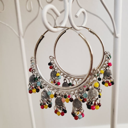 Multi Color Silver Metal Jumka Hoops Earrings