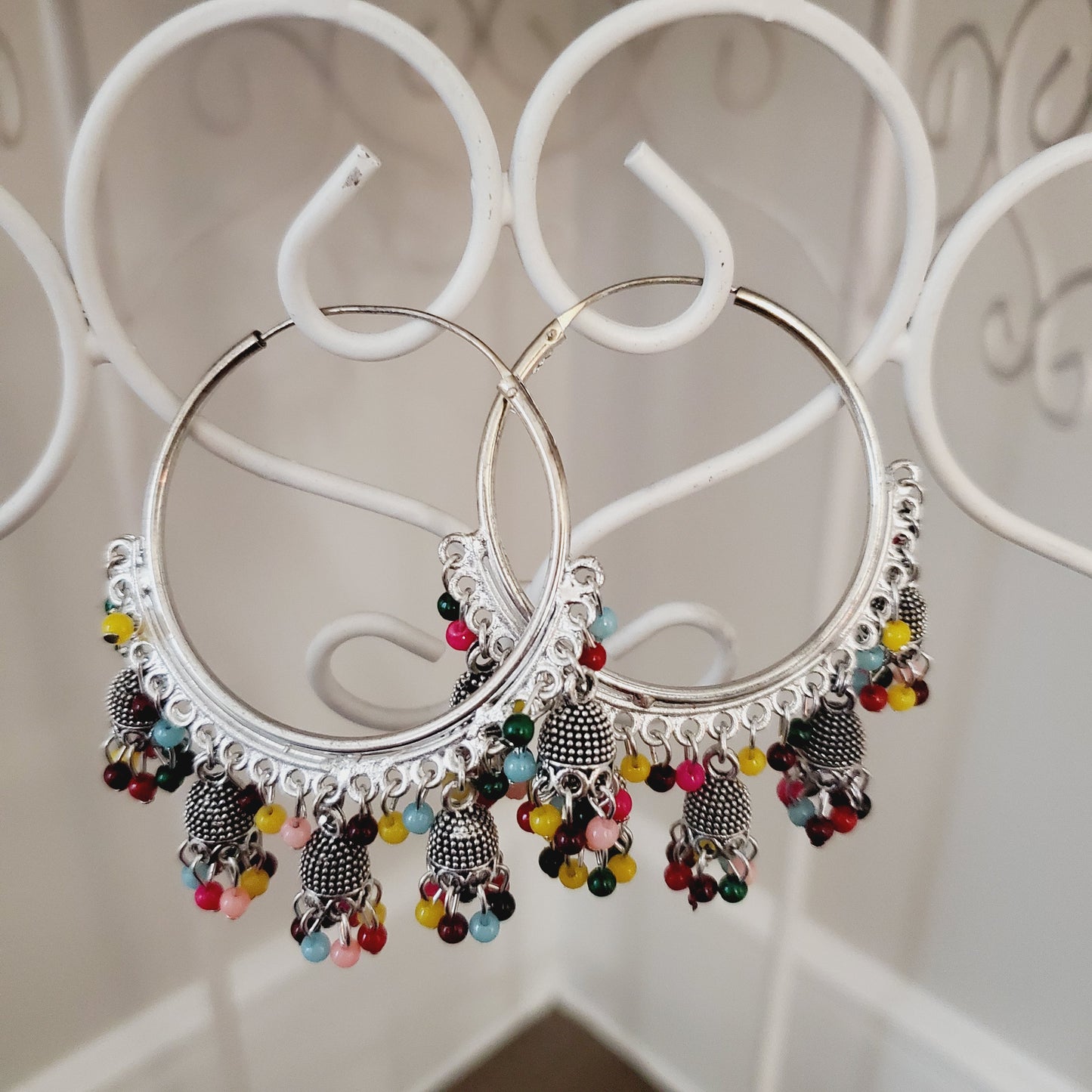 Multi Color Silver Metal Jumka Hoops Earrings