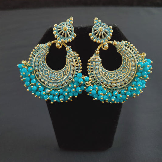 Blue Bali Beaded Gold Metal Earrings