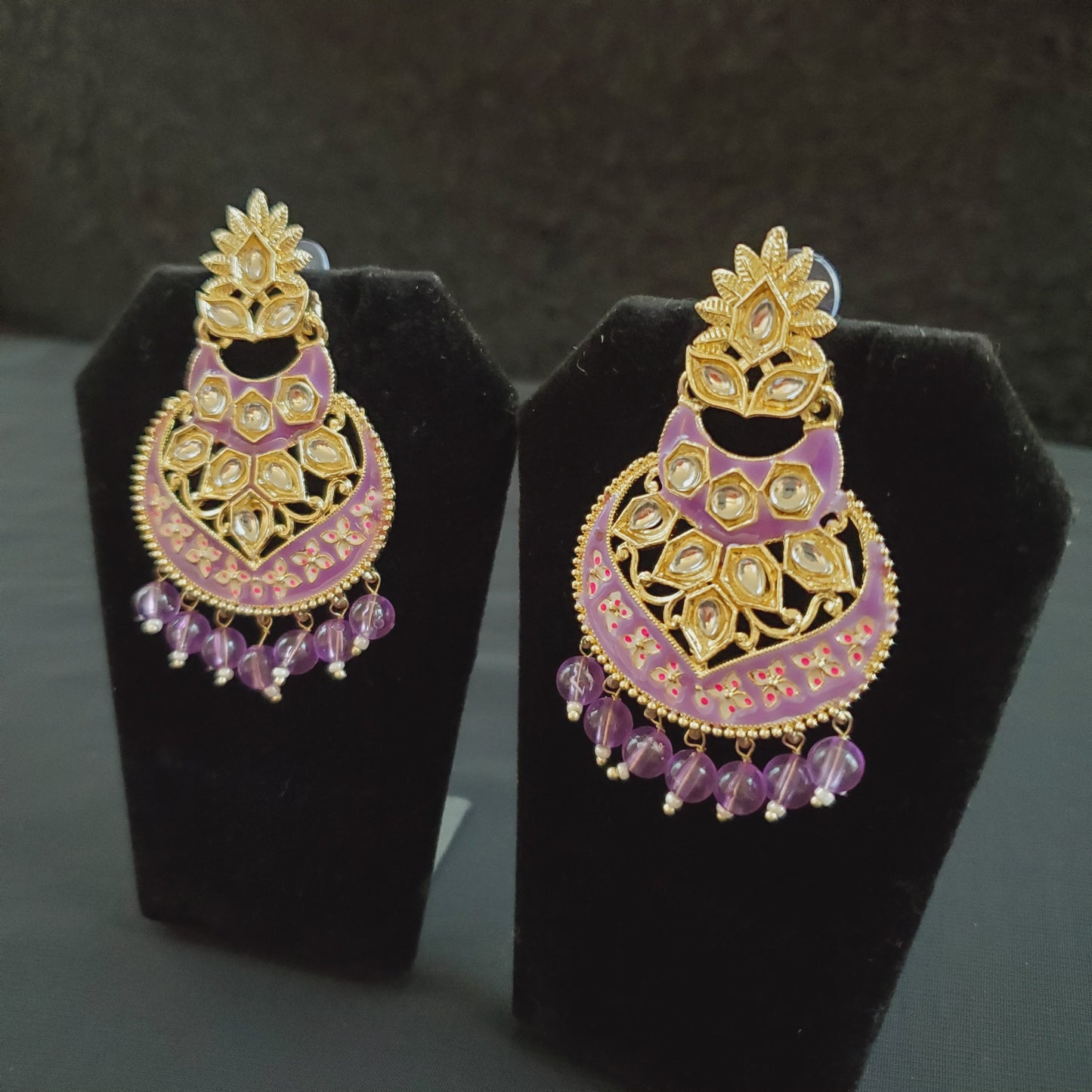 Purple Beaded White Kundan with Embedded Flower Design Earrings