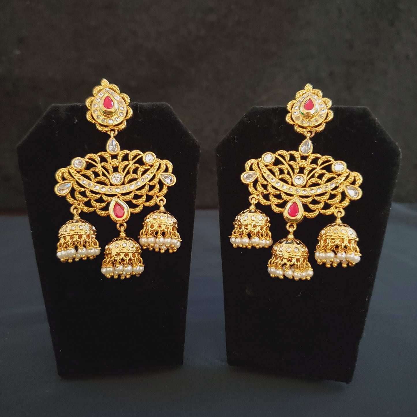 Aruna White and Gold Kundan Earrings with Pearl Jumkas