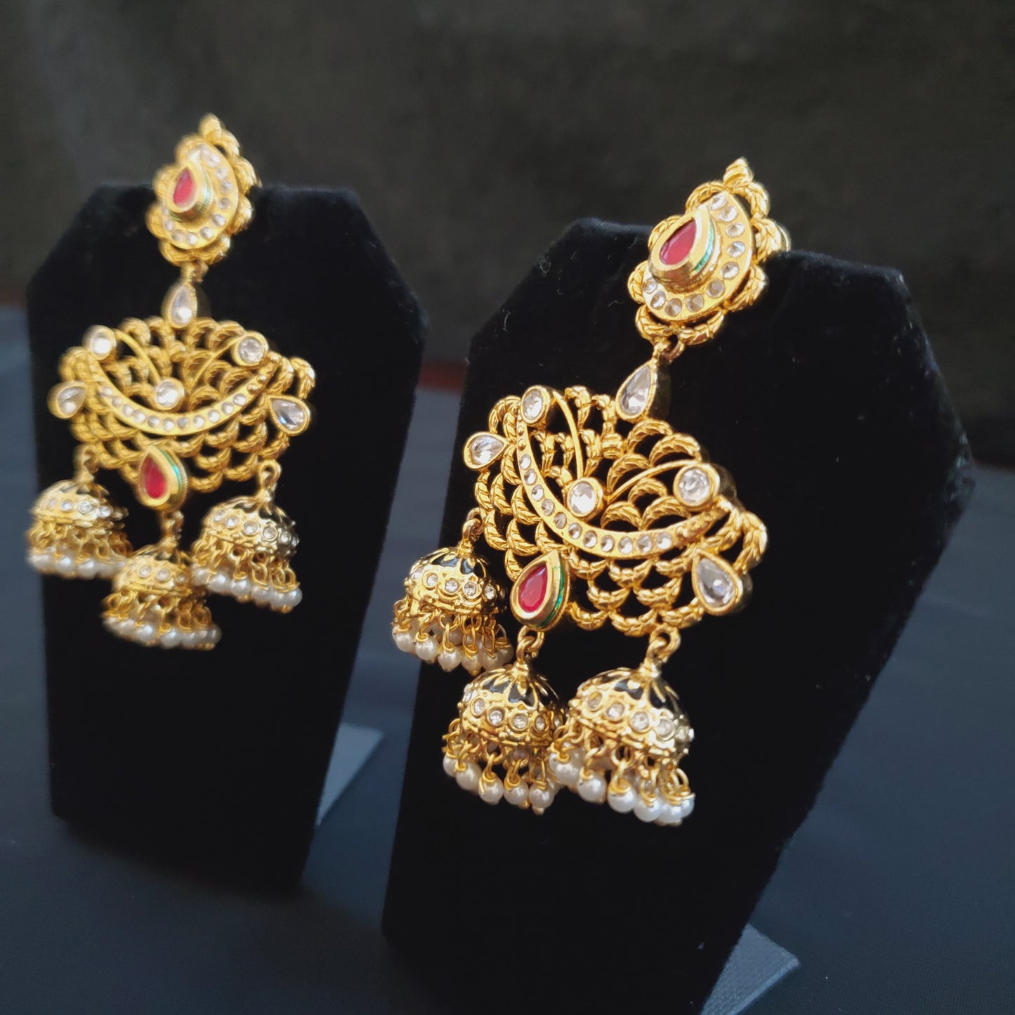 Aruna White and Gold Kundan Earrings with Pearl Jumkas