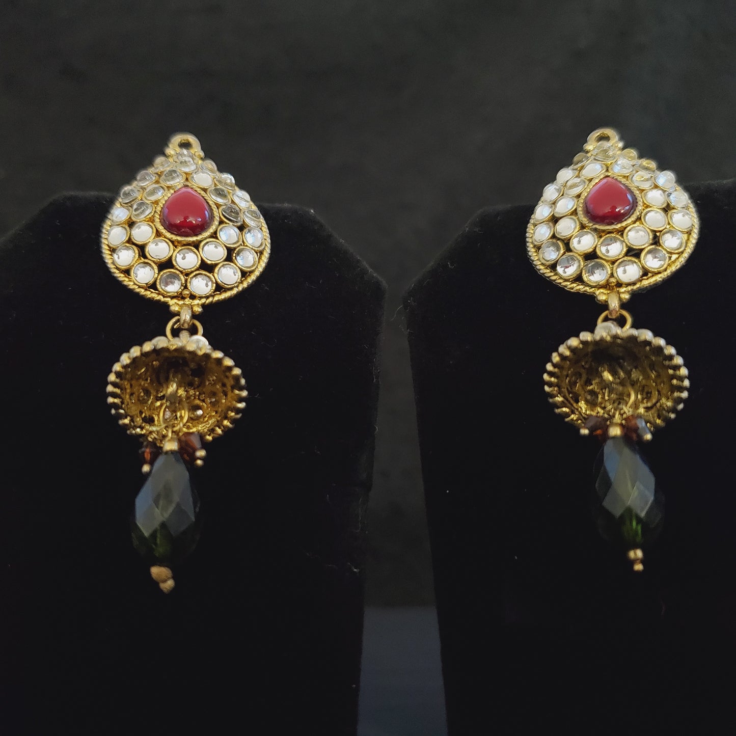 Rani Red and White Kundan Earrings with Green Stones