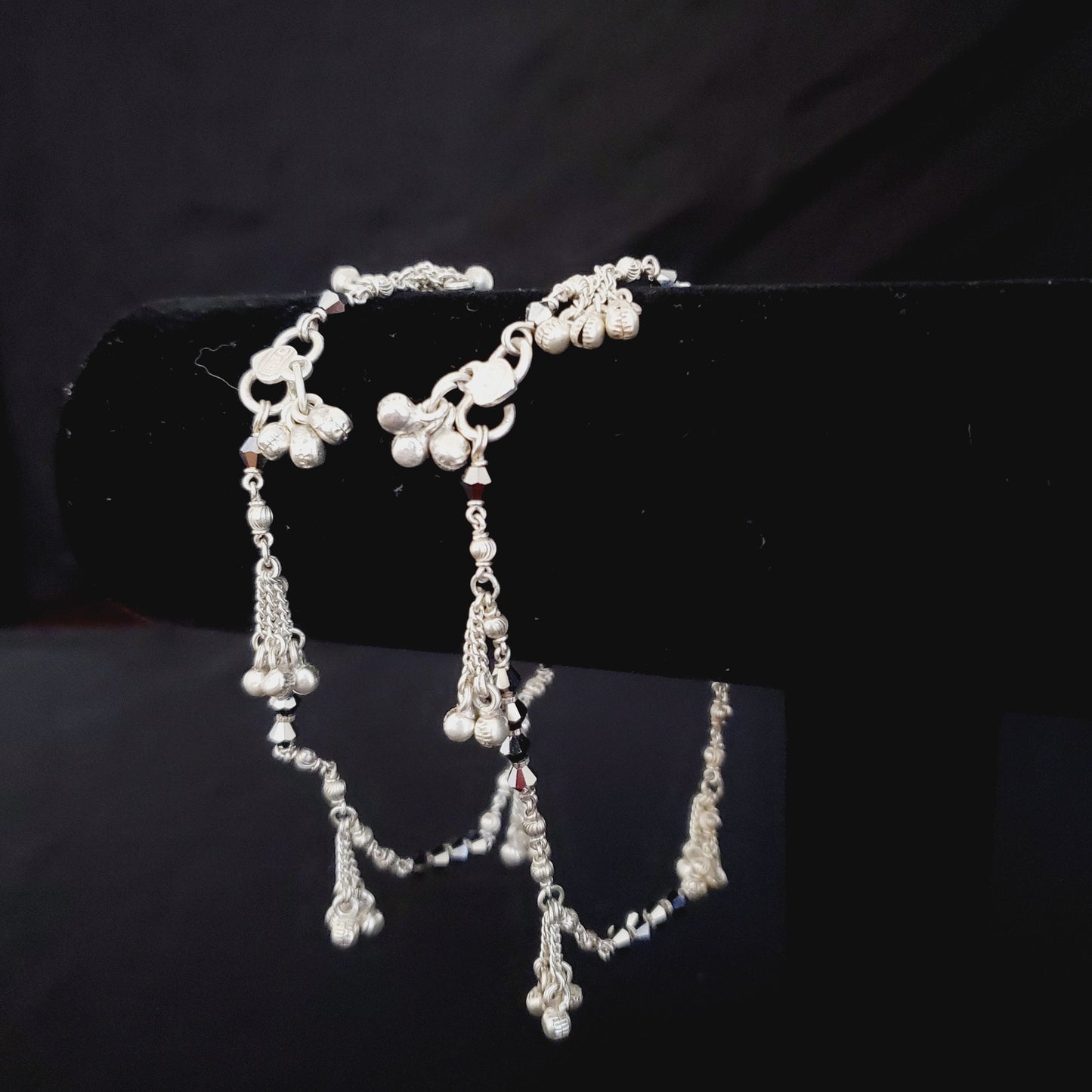 (Pair of two) Black Marcasite Silver Plated Anklets With Dangling Bells