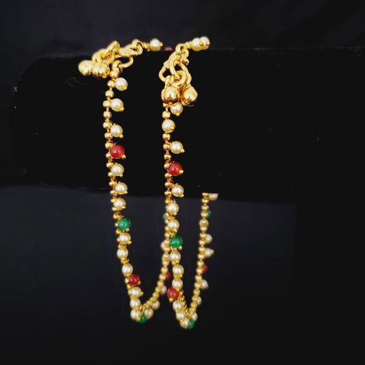 (Pair of two) Multi Stone and Pearls Ghungroo Gold Plated Anklets
